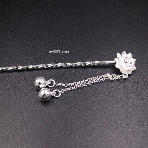925 Sterling Silver Hairpin Chinese Culture Lotus Hair Clip Pin Match Hanfu - Picture 3 of 10