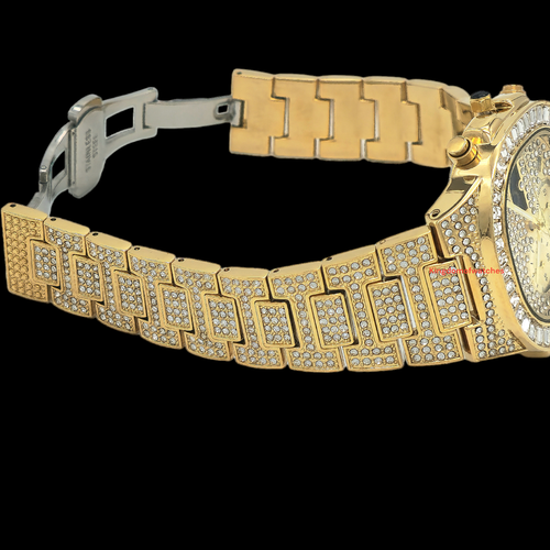 Men's Ice Out Bling Watch Fully Iced 44MM Case Gold 30M WR Chrono Moon Phase - Picture 4 of 10