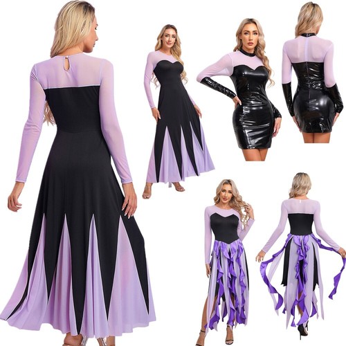 Damen Meerjungfrau Oktopus Meer Hexe Cosplay Kostüm Langarm Kontrast Kleid - Bild 4 von 52