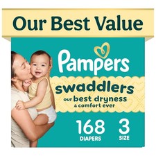 Pampers Swaddlers Diapers, Size 3 13-26 lbs , 168 Count, Fragrance Free, Hypoal