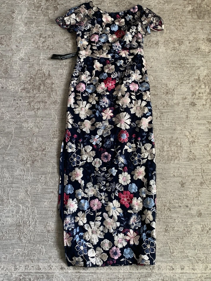 JS Collections Navy Blue Multi Magnolia Floral Embroidery Gown Size 10 $328 - Image 2 of 4