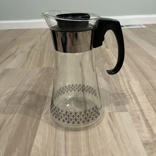 Vintage Pyrex Glass Coffee Pot Carafe Pitcher Black Honey Bee 9.5 Tall MCM