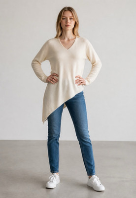 Escada Women's XS Ivory Solid V-Neck Long Sleeve Knit Pullover Sweater