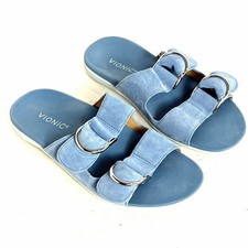 Vionic Corlee Blue Suede D-Ring Adjustable Slides Orthopedic Sandals Size 7.5 W