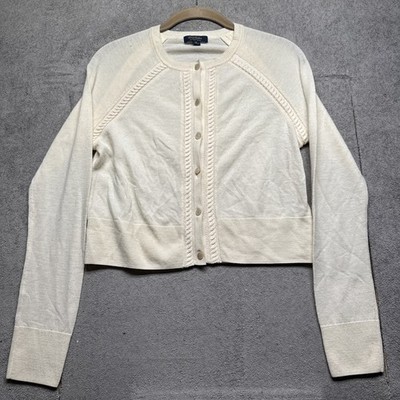 Brooks Brothers Saxon Wool Cable Knit Ivory Cardigan Preppy Classic Medium