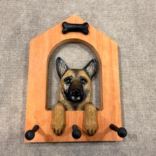 Michael Park Handmade Wooden Carved Resin German Shepard Dog Leash Holder 3 Hook
