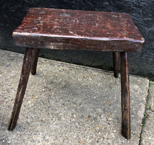 Antique Georgian Welsh primitive elm slab stool painted rustic country folk art