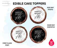 EDIBLE Cupcake Toppers Personalised Black GLITTER Birthday ICING RICE WAFER 2"