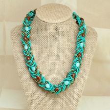 Vintage Turquoise Seed Bead Braided Bib Collar Necklace Boho Southwest Statement