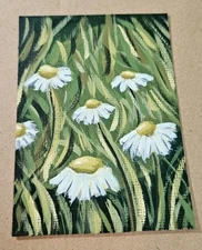 ACEO Daisy Field Original Painting Flowers Art Abstract Acrylic On Paper Signed 
