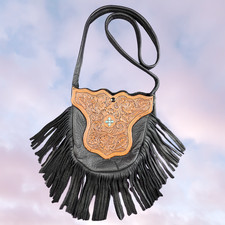 Handmade Black Leather Brown Tooled Turquoise Gem Boho Western Cowgirl Bag