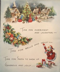 Vtg Christmas Greeting Card 3 Christmas Scenes Merriment & Laughter Santa Gifts
