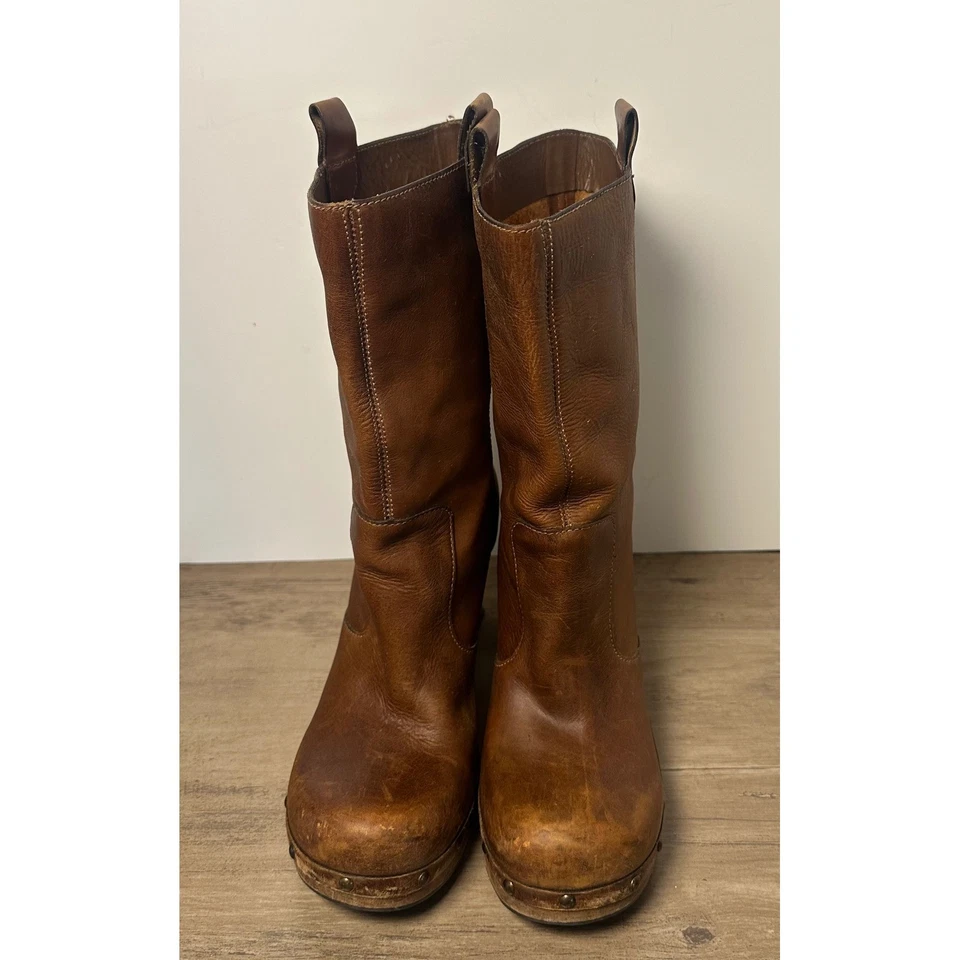 Botas de Colección Años 90 MIA Cuero Marrón Gruesas Plataforma Madera Tacón Bloque Talla 8 Foto 2 de 4