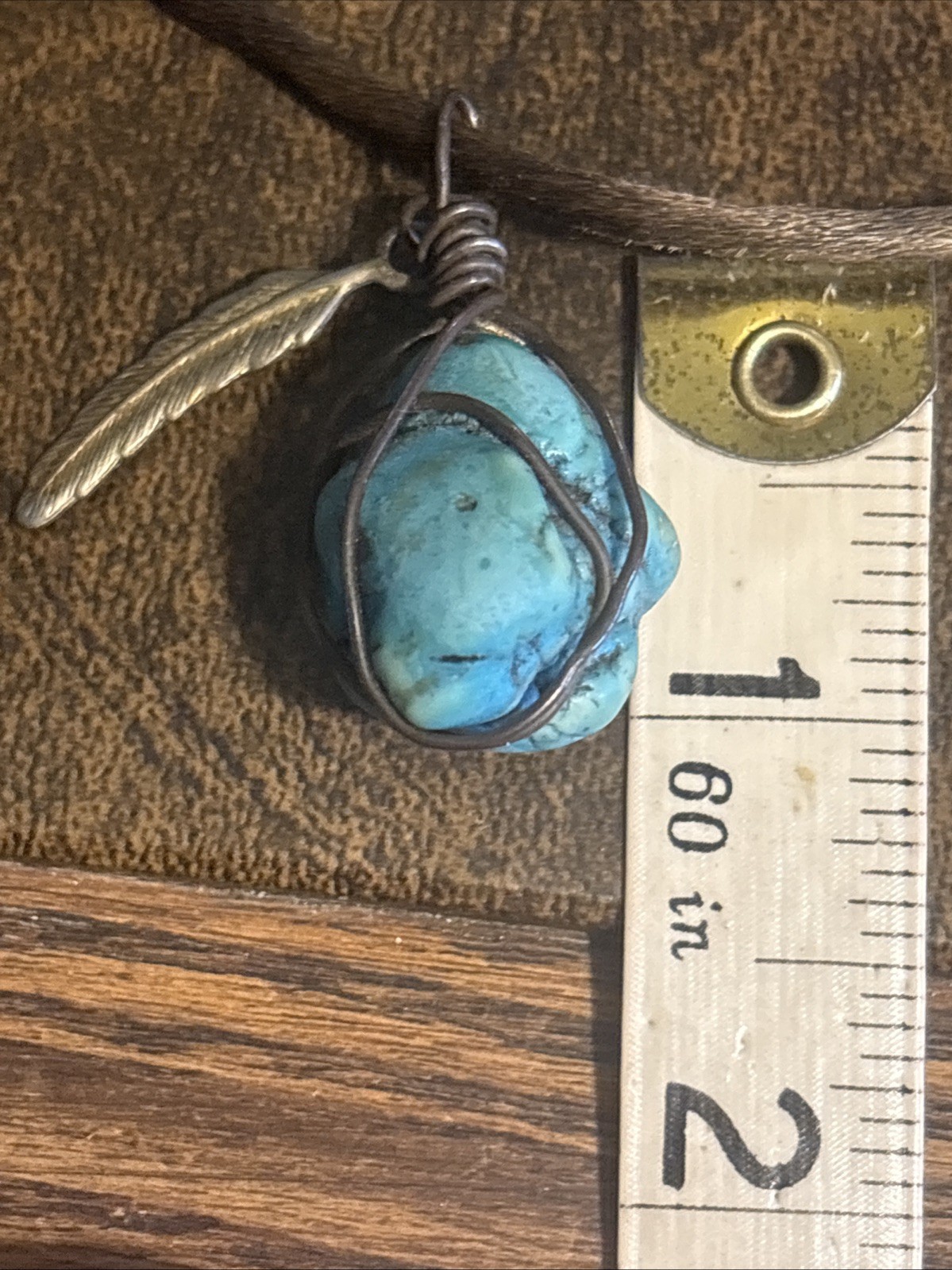 Rustic Wrapped Turquoise Stone Leaf Design Dangle… - image 1