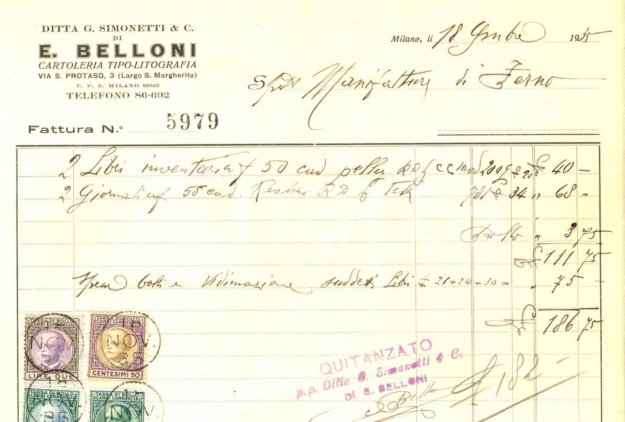 1935 MILANO Via San Protaso 3 G.SIMONETTI di E. BELLONI Cartoleria *Fattura