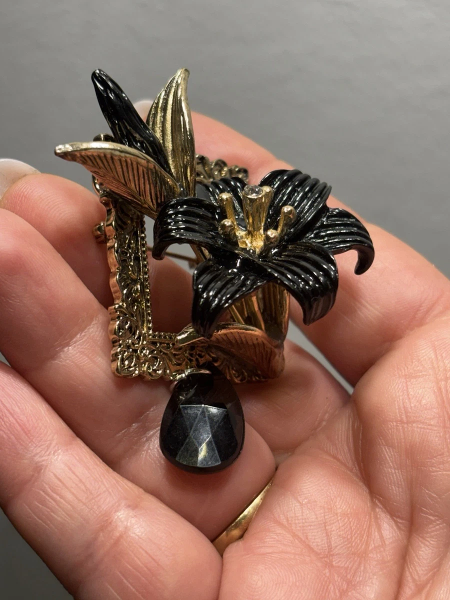 Blume Brosche/Anstecknadel gold/schwarz Metall 1 Stein tropfenförmiger Anhänger