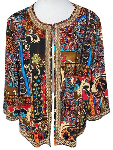 Vtge Joan Rivers Open Jacket Wmn’s 1X Brown Patchwork Print Cropped Blazer Boho - 第 1/9 張圖片