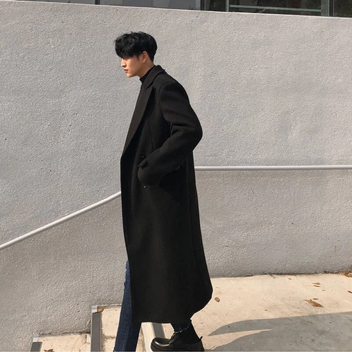 British Men Double Breasted Long Loose Fit Wool Blend Trench Coat Overcoat Parka - Bild 3 von 17