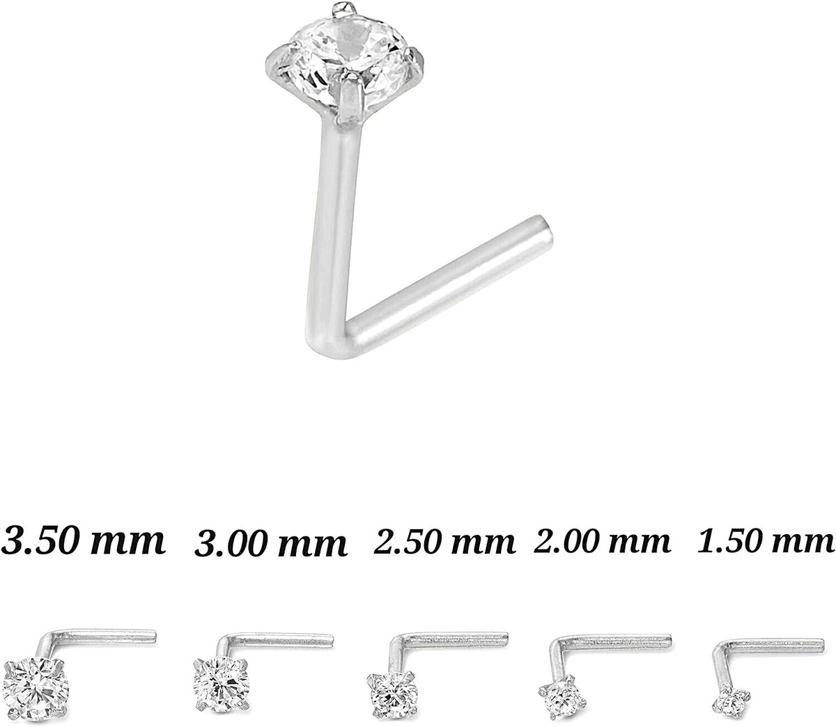 14K White Gold 20GA L-Shaped End Nose Stud, Diamond Moissanite,LAB