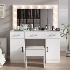 Vanity Set Desk 3 Drawers Large Mirror with Power Outlet LED Lights Makeup Table
