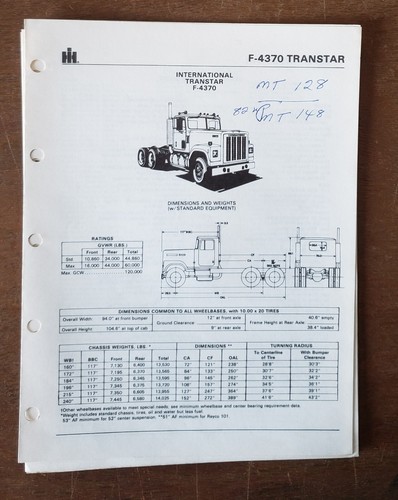 F-4370 Transtar International Harvester Truck Specification Sheet 1980 USA