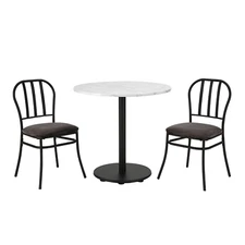 3-Piece Indoor Dining Bistro Set, Marble Table Top, Two Grey Seat Chairs