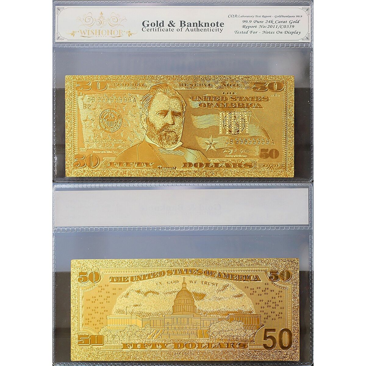 100mg 24K Gold 2009 $50 Dollar Bill Federal Reserve Banknote with