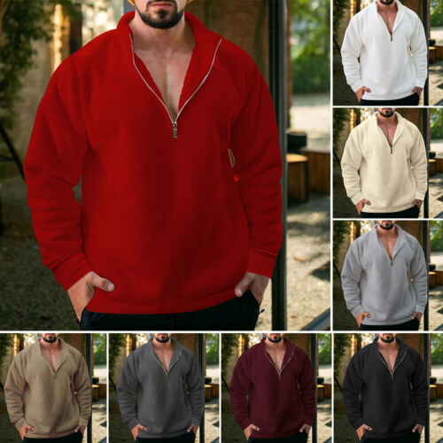 -MenLong-Sleeve Quarter-Zip Fleece Sweatshirt Casual Solid Color Warm Loose Tops