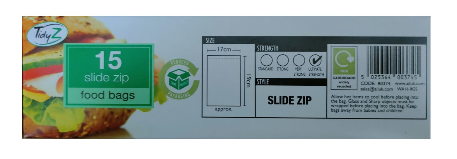 Tidyz 15 Slide Zip Resealable / Reusable Food Sandwich Freezer Storage