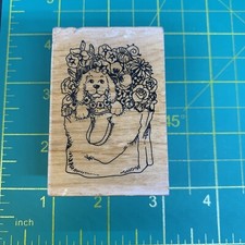 Unbranded Puppy in Bag with Flowers Wood Mounted Rubber Stamp