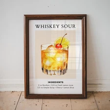 Whiskey Sour Cocktail Recipe Print, Kitchen Wall Art Print, Bar Cart Decor