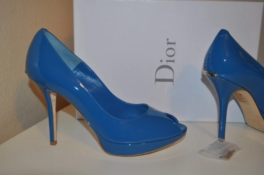 Pompe plate forme Christian Dior Miss Dior bout Peep cuir verni bleu neuf dans sa boîte 36,os