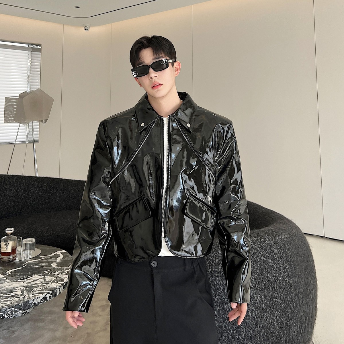 Designer Patent Leather High-waisted Short Jacket for Men