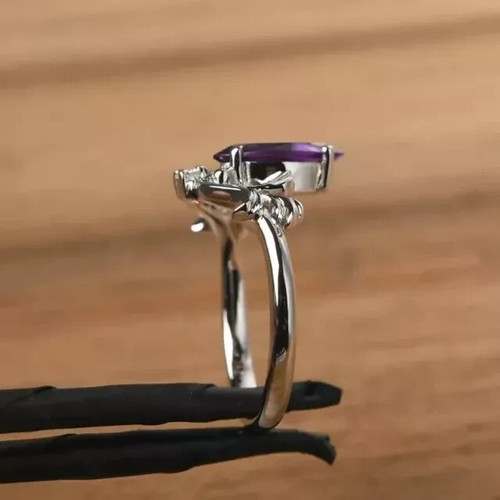2Ct Marquise Lab-Created Amethyst Art Deco Engagement Ring 14K White Gold Plated - Picture 5 of 8