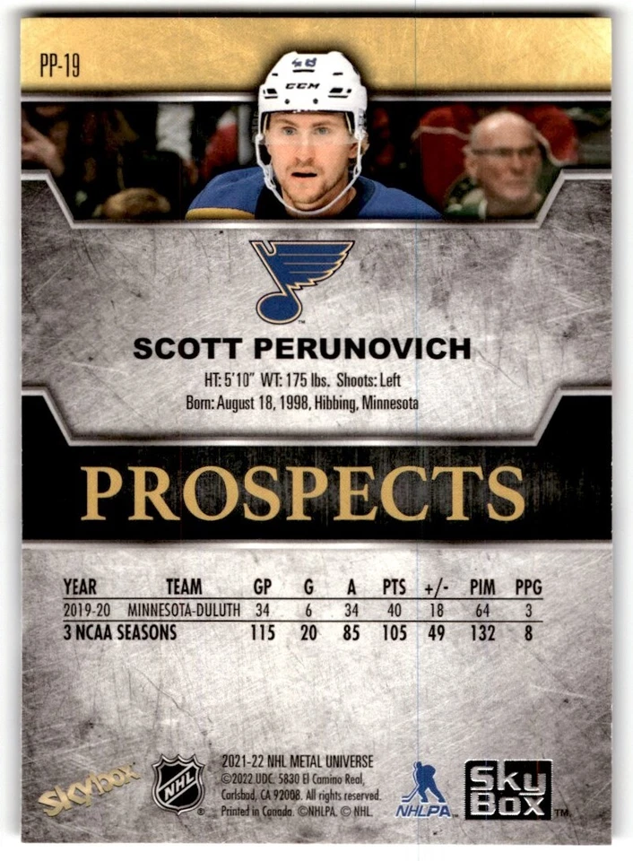 2021-22 Skybox Metal Universe Premium Prospects Scott Perunovich Rookie #PP-19 - Image 2 of 2