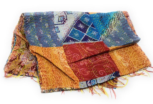 Silk Kanta Kantha Patchwork Scarf Handmade in India 78" x 13" - Picture 14 of 38