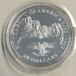Künker: Cook Islands 100 Dollar 1991 500 Jahre Amerika Mt. Rushmore 5 Unzen PP