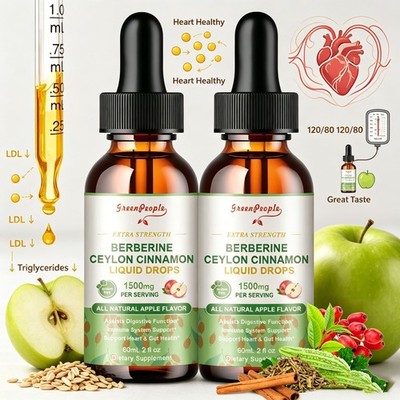 Berberine Liquid Drops 2 Pack   1500mg with Ceylon Cinnamon for Heart Health