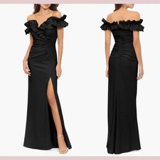 Xscape Black Ruffled Off the Shoulder Front Slit Cocktail Evening Gown Size 6