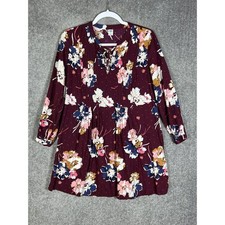 Old Navy Dress Women Size M Burgundy Floral Rayon Lace Up Neckline Pintucks