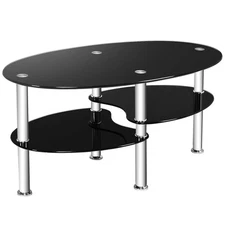 Tempered Glass Oval Side Coffee Table Shelf Chrome Base Living Room Black New