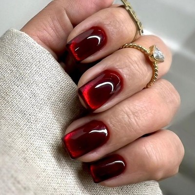 Press on Nägel, Short, Square, Dunkelrot, Burgund, Cat Eye Magnet, Shimmer, K...