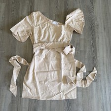 ASOS DESIGN Linen Beige Mini dress strap detail Size 6 fallen shoulder