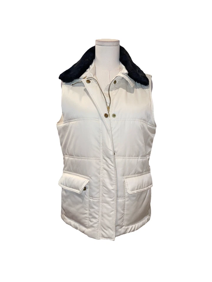 Charter Club Puffer Vest Jacket Off White Medium Black Faux Fur Collar NWOT - Image 2 of 4