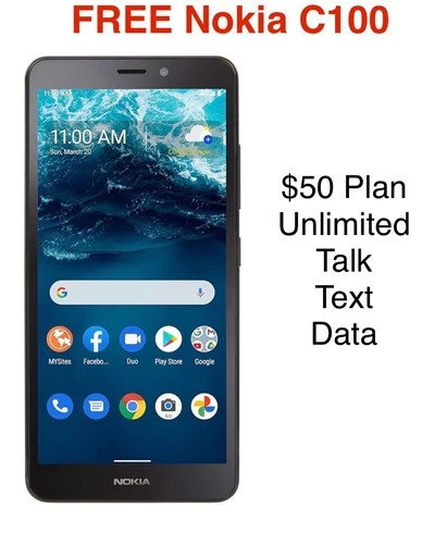 Prepaid Verizon FREE NOKIA C100, 32GB Preloaded $50 plan Talk Text data