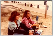 Vtg Color Snapshot Two Young Women Beach Cookout Charcoal Soda Fashion 1979