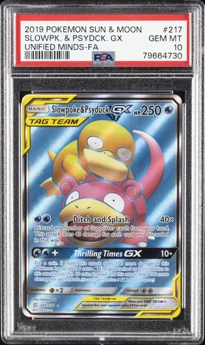 2019 POKEMON SUN & MOON UNIFIED MINDS #217 FULL ART/SLOWPOKE & PSYDUCK GX PSA 10