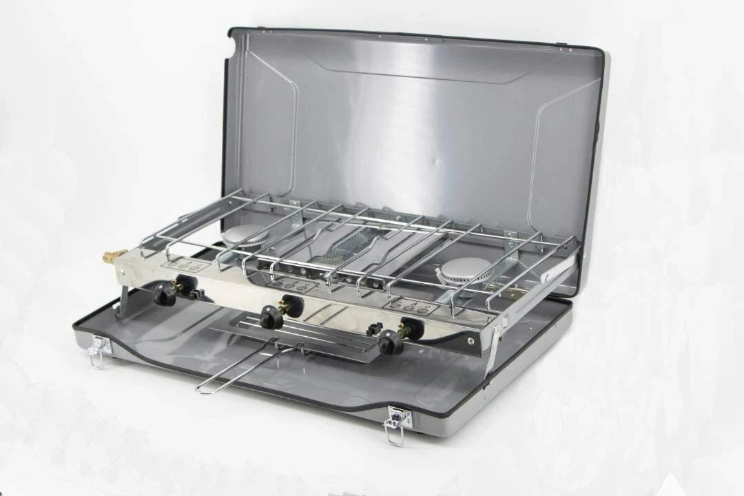 Folding Double Burner Stove And Grill Compact Gas Cooker For Camping Or  Festival | eBay