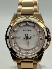 Bulova 98P141 SAPPHIRE 12 DIAMOND GALLERY MOP Dial Rose Gold S.Steel Watch 32mm