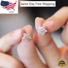 925 Silver Plated Fashion Crystal Stud Snow Flower Earrings Jewelry Lab-Created